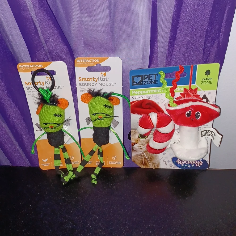 2 New Smarty Kat Bouncy Mouse and 2-Pack Pet Zone Catnip Toys